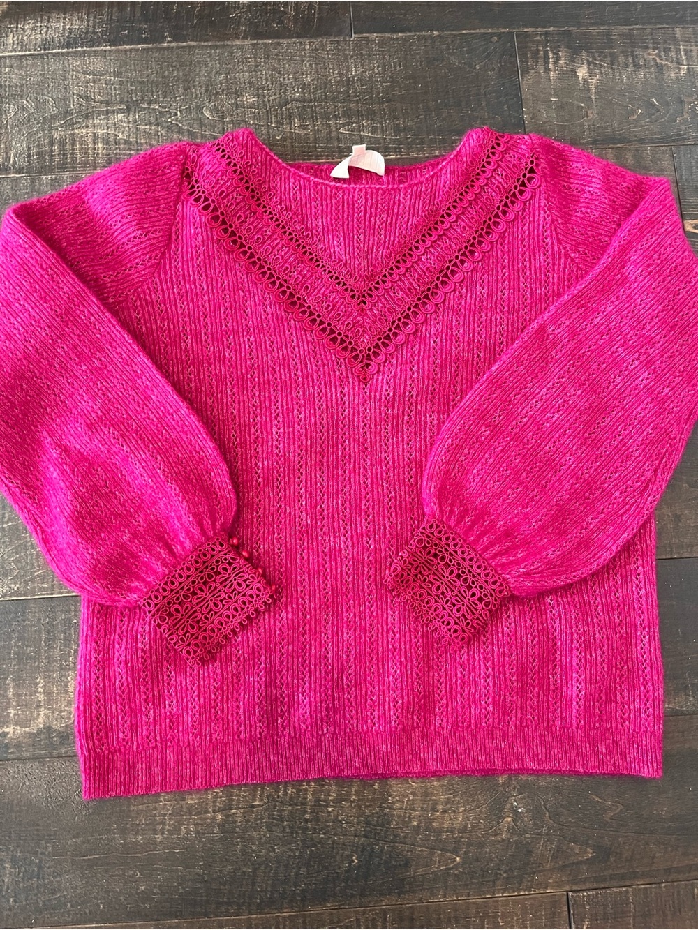 Sezane Fuchsia Openwork Trim V-Neck Sweater